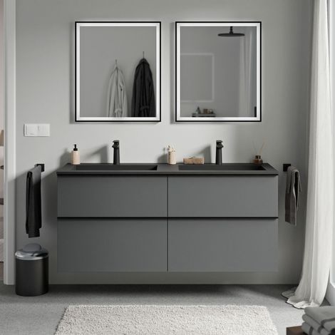 Waschtischunterschrank Bernstein LAVOA 140cm mit Mineralguss Waschbecken BRUXELLES Badmöbel: Anthrazit matt, Waschbecken: Schwarz matt mit Hahnloch, Metallgriff: Chrom
