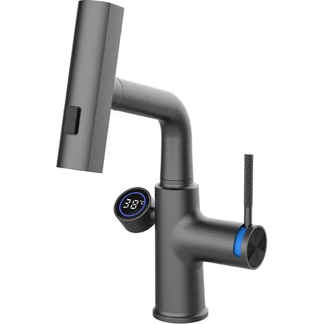 Robinet de lavabo à affichage numérique extractible (gris métallisé) avec douchette et mitigeur eau chaude/eau froide (1/5)
