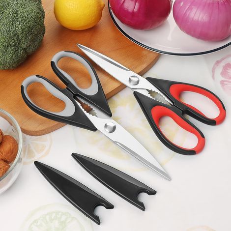 Juego de 2 tijeras de cocina, hoja de acero inoxidable, mango suave, multiusos, resistentes, rojo/gris (1/5)