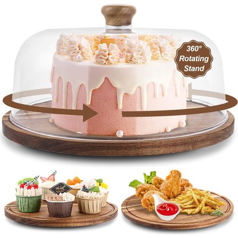 Acacia Wood Turntable with Bell Cake Stand 29.5 x 24 cm Round Cake Tray with Lid for Dessert Buffet (1/5)
