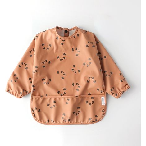 Tablier repas enfant imperméable avec poche, manches longues, bavoir doux lavable, tenue colorée panda marron taille S 6-12 mois (1/5)