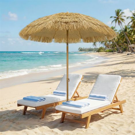 Parasol plage franges paille Ø178cm sac transport brun clair hauteur réglable UV50+
