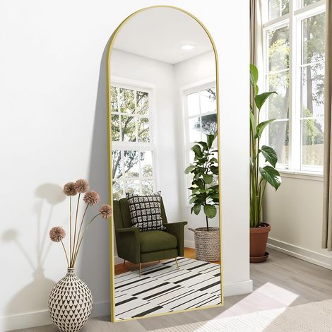 Miroir pleine longueur arqué 165 x 60 cm sur pied bombé, cadre doré, monté au mur ou incliné, miroir de sol pour chambre à coucher et salon (1/5)