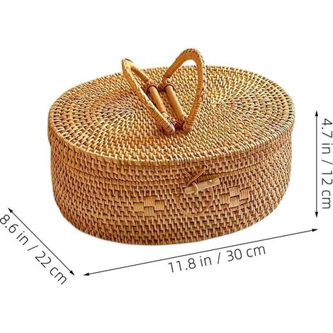Boîte de rangement ovale en rotin naturel tressé 30 x 22 x 12 cm avec couvercle étanche, panier portable