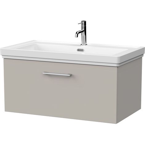 Pershall Contemporary Wall Hung 1 Drawer Vanity Unit with Traditional 1 Tap Hole Fireclay Basin, 800mm, Pebble Grey