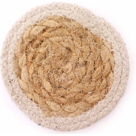 Dessous de Verre Naturel - Jute & Coton 10cm (lot de 4) - Bordure Ivoire- Vendu par 1 (1/3)