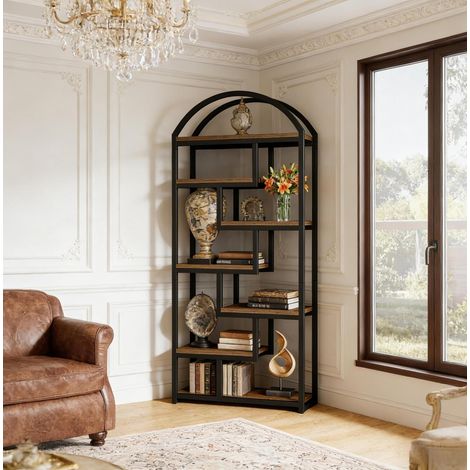 Étagère ouverte 7 niveaux 180 x 80 x 30 cm, MDF et métal, noir et chêne rustique HAVRYA (1/5)