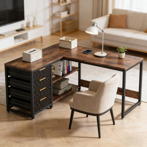 Bureau d'angle en L moderne, poste de travail élégant, table d'ordinateur robuste, meuble de bureau compact, unité seule, design contemporain. (1/5)
