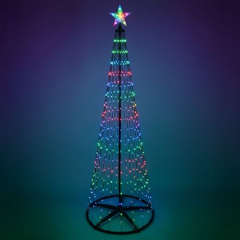 Lichterbaum mit Stern Spitze 210 cm für Außen mit Fernbedienung und Timer - 370 LED - Metall Weihnachtsbaum in schwarz multicolor mit Farbwechsel