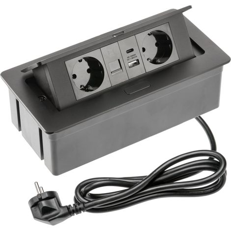 GTV – Presa da incasso MULTISOFT nera con 2 X Schuko, USB A+C, RJ45, retrattile con copertura, cavo da 1,5 m, ideale per scrivania, tavolo da conferenza o piano di lavoro della cucina