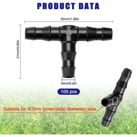 100 Pièces 4/7 mm Plastique Tee Raccord de Tuyau, VooGenzek T Connecteur Barbelé pour Tuyau d'arrosage de Jardin, Tee-Joint pour Irrigation Goutte a Goutte, pour Systèmes d'Arrosage Jardin, Pelouse (1/4)