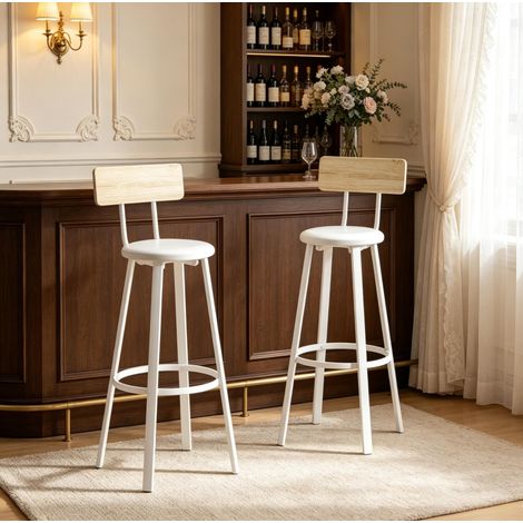 Tabourets de bar lot de 2 avec dossier et repose-pied, assise 75,5 cm, blanc et effet bois HAVRYA (1/5)