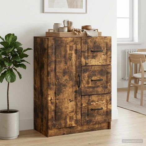 Buffet 3 tiroirs avec porte en bois d’ingénierie chêne fumé 66 x 34,5 x 87 cm - PANGIVO (1/5)