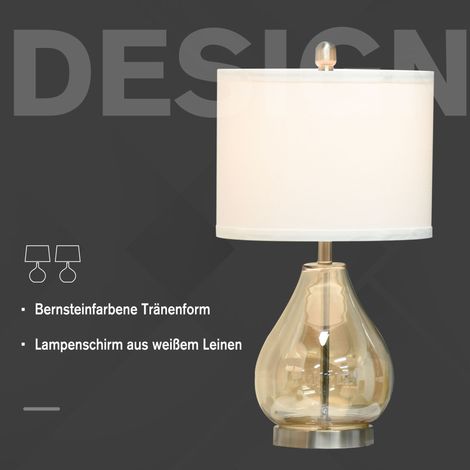 Ensemble de 2 lampes de table HOMCOM, lampe d'appoint avec abat-jour en lin, tiges en verre goutte, lampe de nuit à douille E27, pour chambre à coucher ou séjour, blanc
