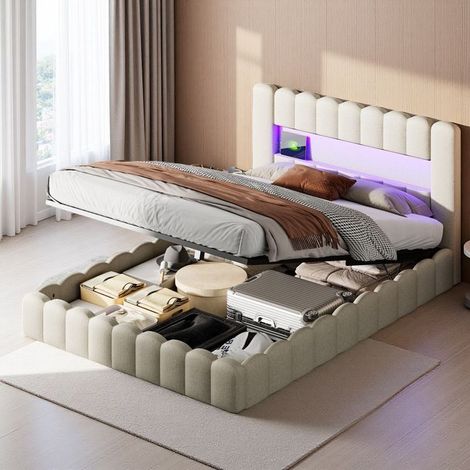 Cama Doble 180x200 - Cama Cofre para Adultos - Sistema Hidráulico Silencioso - RGB - Diseño Moderno Beige