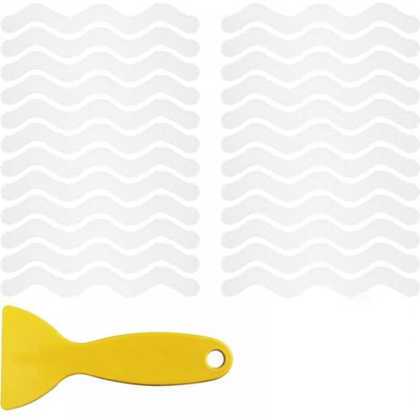 Bandes antidérapantes pour baignoire, transparentes, 1,5 x 18 cm, 24 bandes, motif ondulé antidérapant, avec grattoir, amovibles et sans résidus. (1/5)