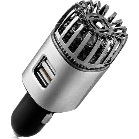 Purificador de aire ionizador para coche – Ambientador iónico antimicrobiano de 12 V con cargador USB doble – Elimina olores a humo, mascotas y comida, así como virus (Plata mate) (1/5)
