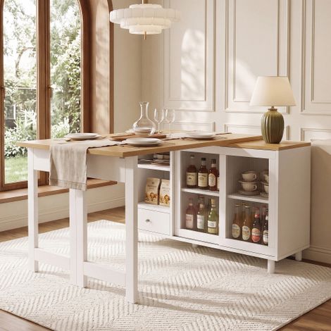 Table de salle à manger extensible et pliable avec rangement, table moderne mobile, table pliante, table à grande capacité de rangement, panneaux de porte en verre, rotation à 360°, combinaison de boi (1/5)