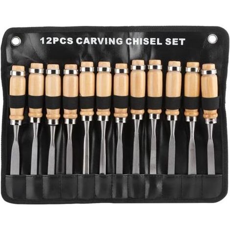 12Pcs Ciseaux à Bois, Outils de Menuiserie avec Poignées en Bois, Mallette pour Bricolage et Artisanat (1/4)
