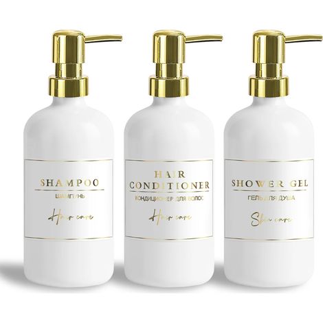 (BLANC - Autres) Ensemble distributeur de savon ambré, flacons de shampoing, après-shampoing et gel douche avec étiquettes imperméables pour la décoration de la salle de bain (1/5)