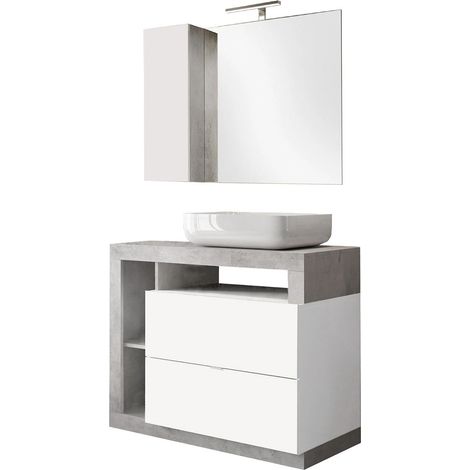 ARTURO - Meuble Vasque 92cm + Miroir blanc et aspect béton (1/5)