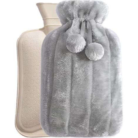 Thermos confortable en fausse fourrure, thermos de 2 litres avec couvercle, grand thermos pour soulager les douleurs du dos, du cou et des épaules pour des nuits chaudes et confortables (gris) (1/4)