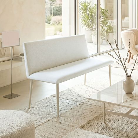 Banco de comedor sin reposabrazos, tejido con aspecto de lino, banco de cocina con respaldo y patas metálicas, para salón, color crema. (1/5)