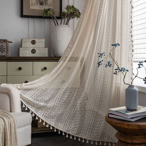 Gehäkelte Vorhänge im Landhausstil, geometrische Vintage-Spitzenvorhänge, beige Ösenvorhänge im Boho-Stil, Fransenvorhänge...