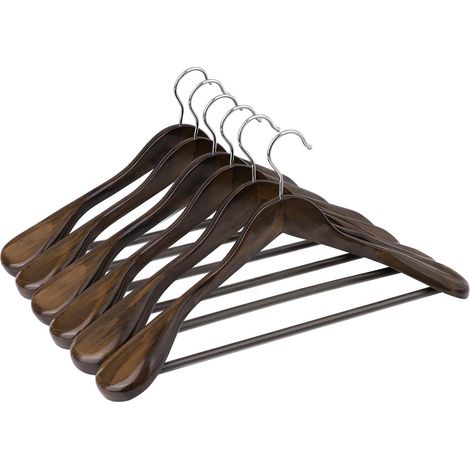 Lot de 6 Cintres, Bois massif, Épaules larges, Antidérapants, Crochet pivotant 360°, Pour costumes chemises pantalons (1/5)