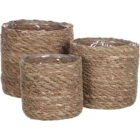Lot de 3 Paniers Porte-Plantes en Jonc de Mer Naturel Brun Clair, H12 H14 H16 cm - PANGIVO (1/5)