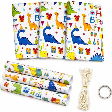 6 Feuilles de Papier Cadeau Dinosaure – 50×70 cm, Avec Corde et Ruban Adhésif, Idéal pour Emballer des Cadeaux d’Anniversaire d’Enfants, Imprimé Recto-Verso (1/5)