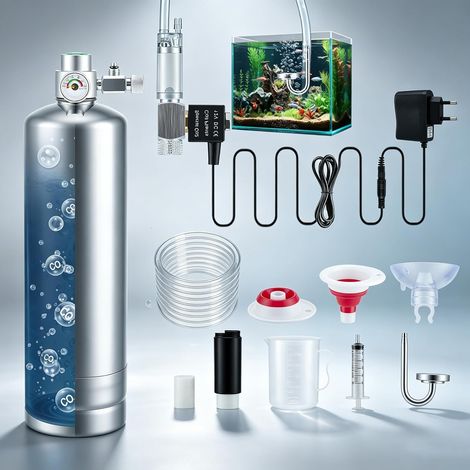 Kit Complet CO2 Aquarium 2L, Générateur CO2 en Acier Inoxydable avec Bouteille CO2, Kit Réacteur Dioxyde de Carbone avec Électrovanne Diffuseur Compteur de Bulles pour Plantes d'Aquarium