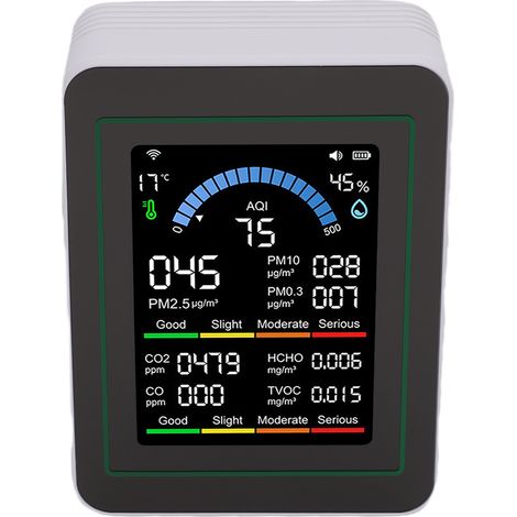 Moniteur de qualité de l'air 10 en 1, écran LCD couleur, détecteur de particules fines (PM0.3/PM2.5/PM10/CO/CO2/HCHO/TVOC), température et humidité, compatible avec Tuya Smart, pour la maison et le bu (1/5)