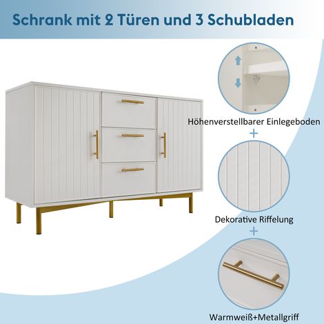 Commode blanche 2 portes, 3 tiroirs, étagère ajustable, meuble de rangement pour chambre ou salon, hauteur 75 cm, largeur 120 cm, profondeur 40 cm (1/5)