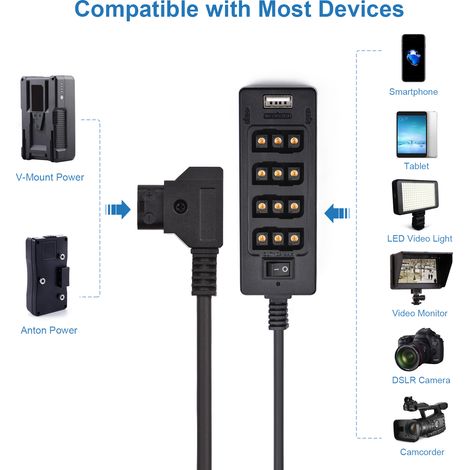 Câble répartiteur d'alimentation Andoer D-Tap type B, connecteur D-Tap mâle vers 8 ports D-Tap femelle avec interface USB, prise CC 8 V/12 V, remplacement pour caméras ARRI RED et moniteurs à batterie (1/2)