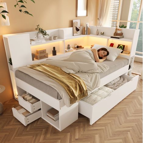 Letto singolo 90x200 cm bianco in legno con LED, USB, Type-C, cassetti e materasso (1/5)