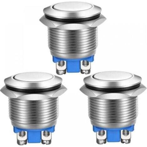3pcs Bouton Poussoir Momentané Bornes à vis en Acier Inoxydable Bouton étanche à l'eau 19mm 2A 12V/24V/125V/250V(Tête Plate) (1/4)