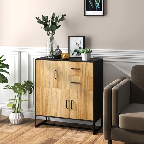 Noir et couleur bois - Buffet de rangement moderne avec 3 armoires et 2 tiroirs, meuble polyvalent en carton et acier, 80x35x85 cm