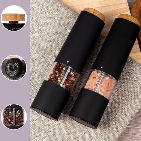 Ensemble de 2 moulins à épices électriques - Noir. Moulins à épices électriques de haute qualité offrant un excellent rapport qualité-prix pour un broyage optimal des épices. Accessoire de cuisine. (1/5)