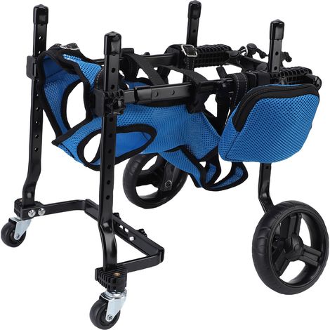 Chariot pour chien avec pattes arrière, roues avant universelles, pattes arrière télescopiques et réglables, respirant, et sac de rangement latéral pour couches remplaçables. (1/5)