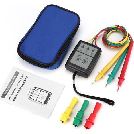 Comprobador de fases trifásico portátil con indicador digital de orden de fases, detector de secuencia de fases y comprobador de corriente con indicador LED y zumbador. (1/5)