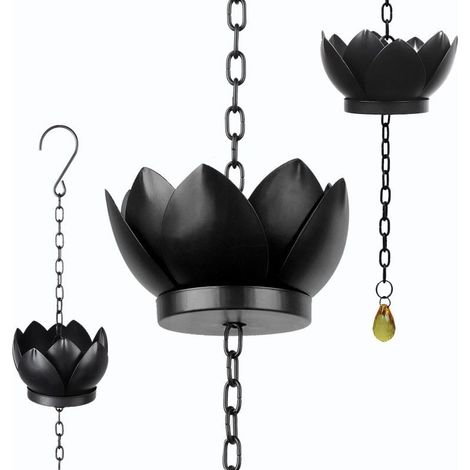 Chaîne pluie 1,28 m métal forme lotus – 5 coupelles – Récupération eau pluie réglable – Remplacement descente gouttière – Jardin, terrasse, décoration intérieure (1/5)