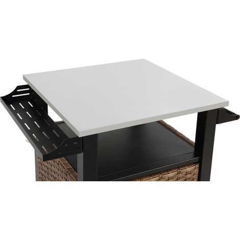 Chariot de cuisine roulant en rotin brun, îlot extérieur avec porte, roulettes, plateau rallonge en inox et poignée latérale, pour terrasse, cuisine ou bar