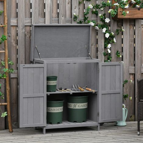 Armoire de rangement extérieure en bois de sapin laqué, 2 portes, 2 étagères, gris, 74 x 43 x 88 cm (1/5)