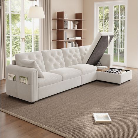 Canapé d’angle convertible 281x132x86 cm beige en velours avec coffre de rangement et méridienne réversible (1/5)