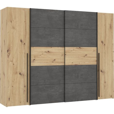 Armoire 2 portes battantes + 2 portes coulissantes - Decor chene artisan et beton gris - L 270,3 x P 61,2 x H 210 cm - NARAGO