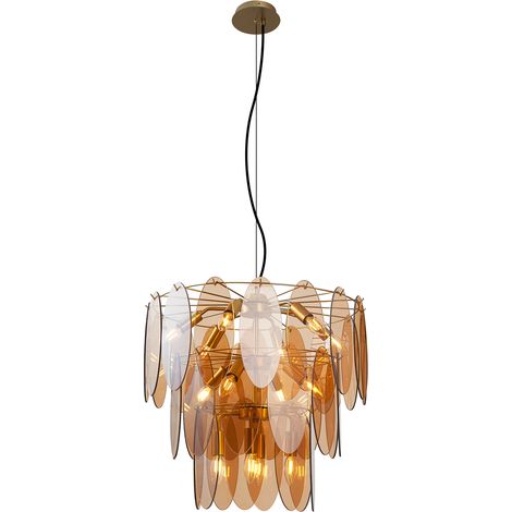 Art Deco Pendant Lamp Gold with Amber Glass Oval 14-Lights - Mochan (1/5)