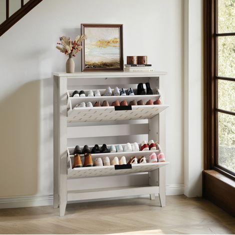 Meuble à chaussures MDF blanc rétro 80 cm avec 2 abattants et séparateurs réglables (1/5)
