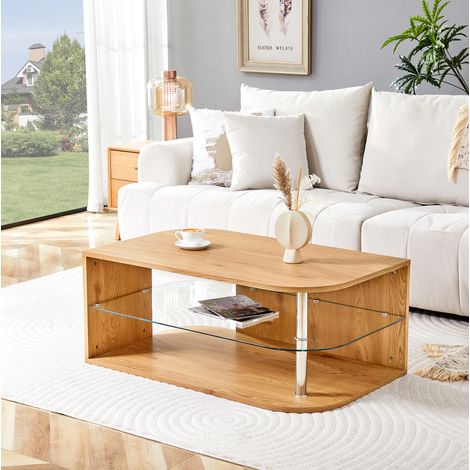Table basse en MDF aspect bois naturel et verre, double rangement, 100x60x42 cm (1/5)
