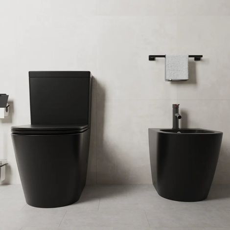 Ensemble de sanitaires affleurants cuvette monobloc sans rebord et bidet noir mat Vienna (1/4)